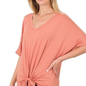 Zenana Outfitters ash rose V-Neck Tie-Front Tee